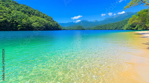 A breathtaking scene of a secluded beach with crystal-clear turquoise water. 