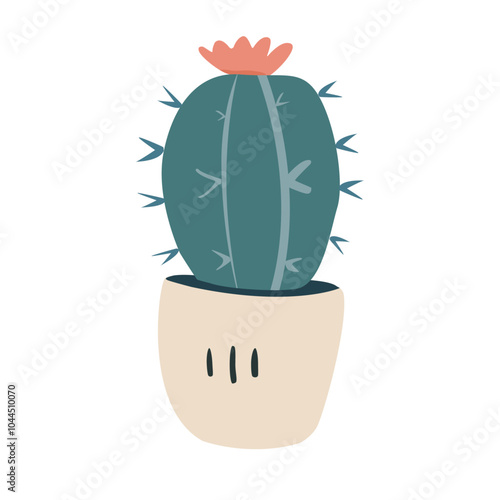 Cactus in a pot with yellow flowers, isolated on a white background, showcasing sharp thorns and succulent leaves, representing desert nature and spring growth