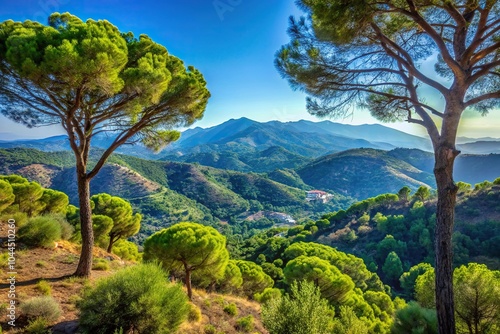 Scenic view of trees, hills, and nature in Benahavis photo