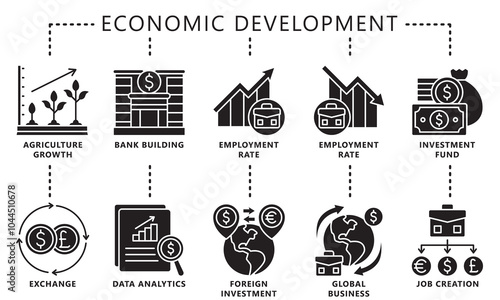 Economic development glyph icons set. contain agriculture, investment, bank, data analysis, job creation, fund, exchange and more. Vector EPS 10 for UI or UX kit, web and app, business, finance.