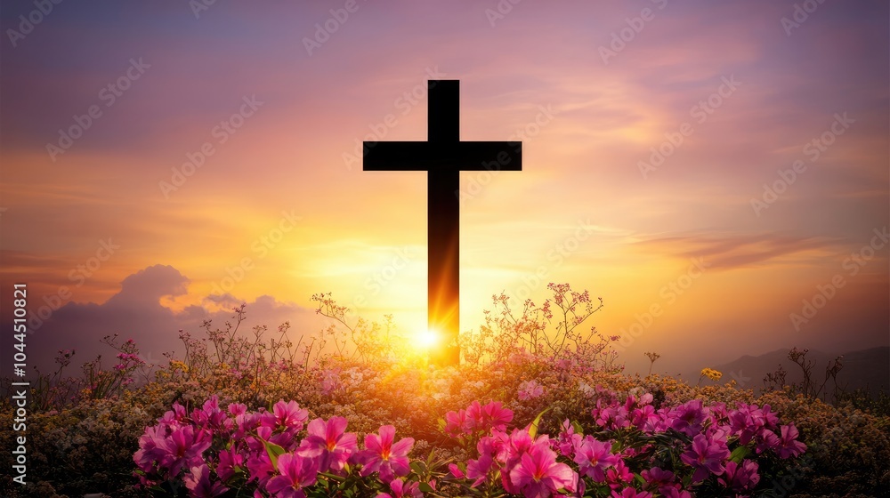 Mountain summit with a cross silhouetted against the deep orange and purple sky of sunset, surrounded by a field of blooming flowers. Mountain summit with a cross silhouetted against the deep orange and purple sky of sunset, surrounded by a field of blooming flowers.