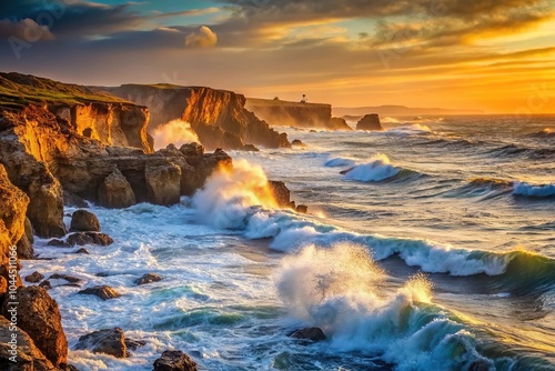 Scenic view of wild ocean waves and rocky cliffs against a sunset sky