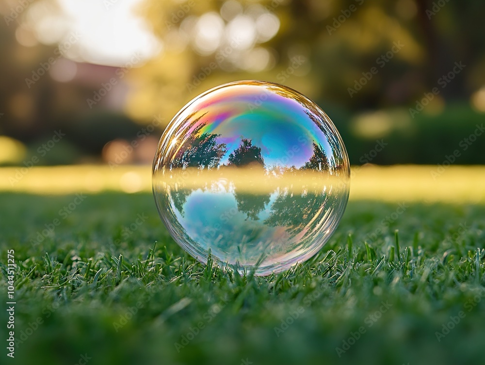 A Single Soap Bubble on Green Grass A Single Soap Bubble on Green Grass