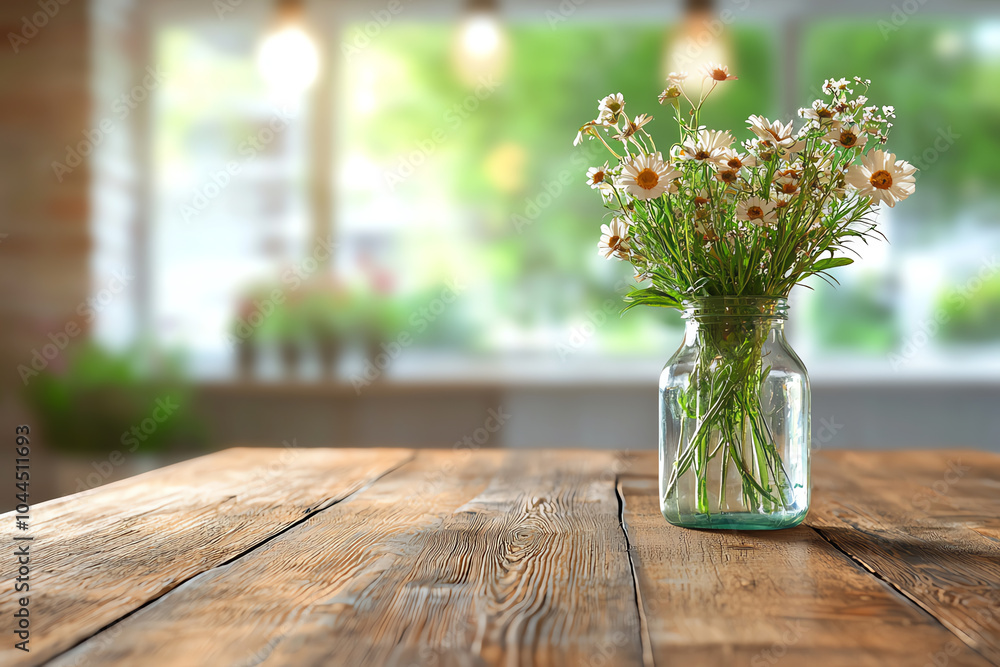 Charming wildflowers in a glass jar on a rustic wooden table with a soft focus background Charming wildflowers in a glass jar on a rustic wooden table with a soft focus background