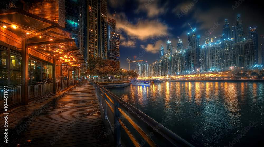 Dubai's Business Bay, glittering at night. Dubai's Business Bay, glittering at night.