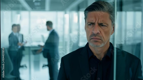 Businessman in modern office with a colleague in the background, focused on work. video