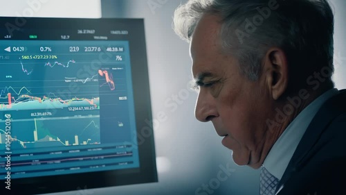 Close-up of a serious man looking at data on a screen. video