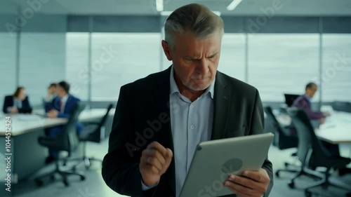 Businessman working on a tablet in a sleek office environment. video