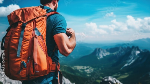 man adjusting the straps of a backpack, with a view of distant mountains and clear blue skies in the background photo