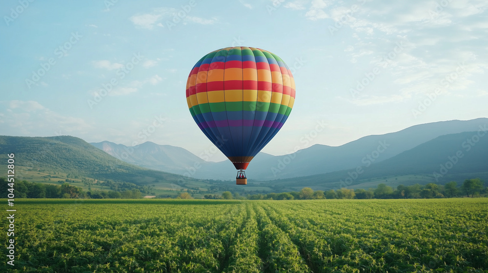 Obraz premium Hot Air Balloon Over Green Fields