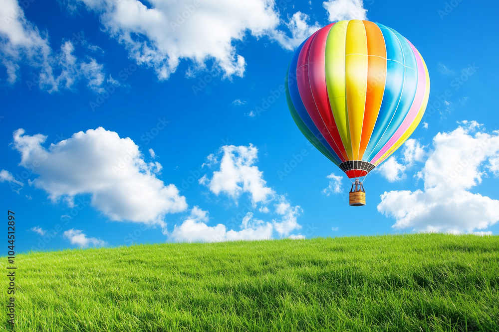 Naklejka premium Colorful Hot Air Balloon Soaring Over Lush Meadow