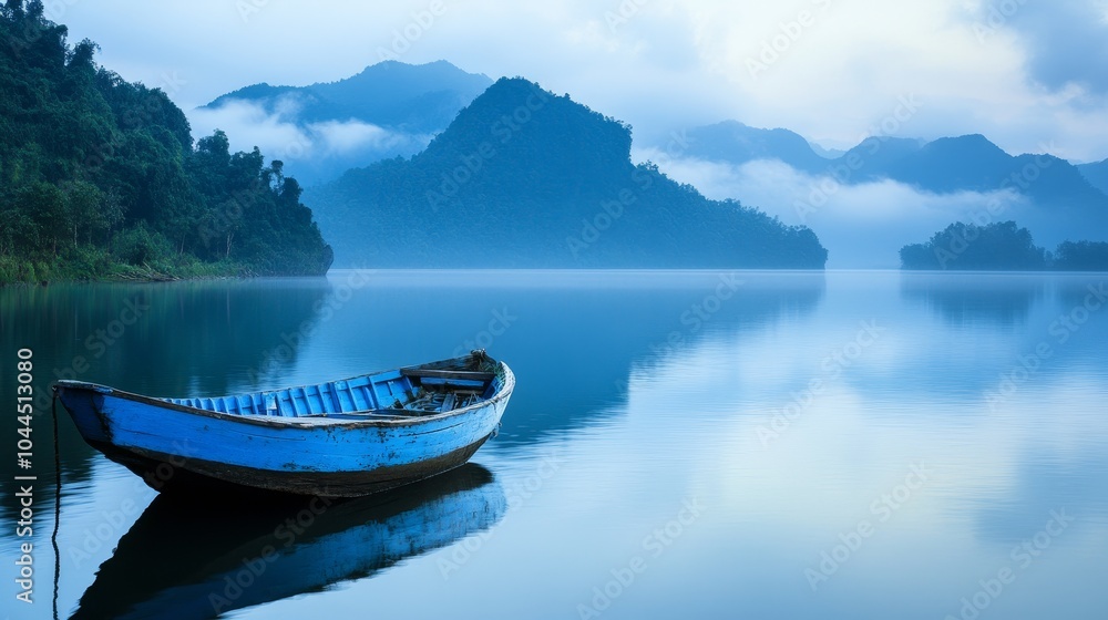 A serene blue boat rests on calm waters, surrounded by misty mountains and lush greenery. A serene blue boat rests on calm waters, surrounded by misty mountains and lush greenery.