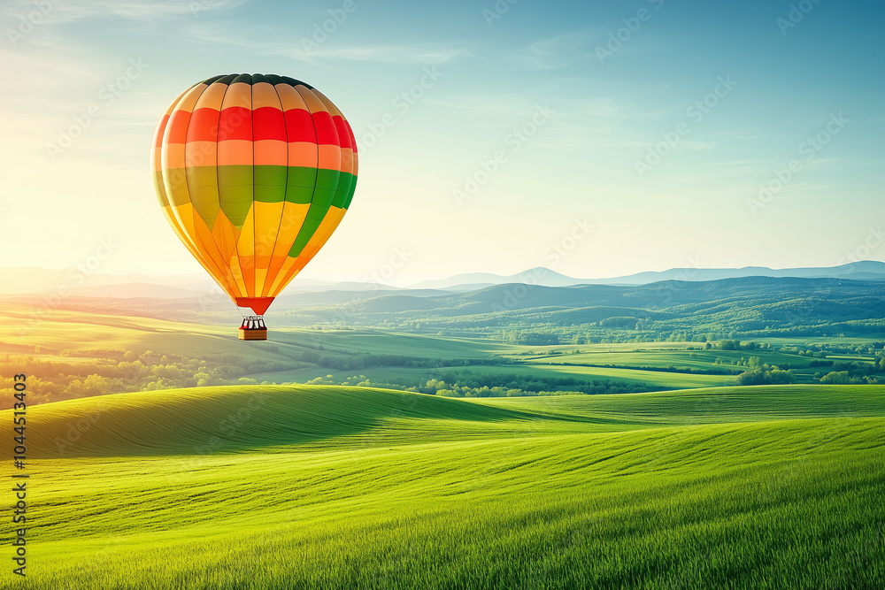 Naklejka premium Hot Air Balloon Flight Over Rolling Hills
