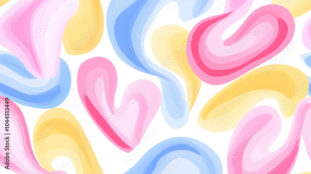 A playful pattern featuring abstract, heart-shaped shapes in soft pastel colors. A playful pattern featuring abstract, heart-shaped shapes in soft pastel colors.