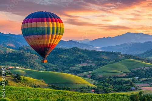 Hot Air Balloon Soaring Over Lush Green Hills at Sunrise