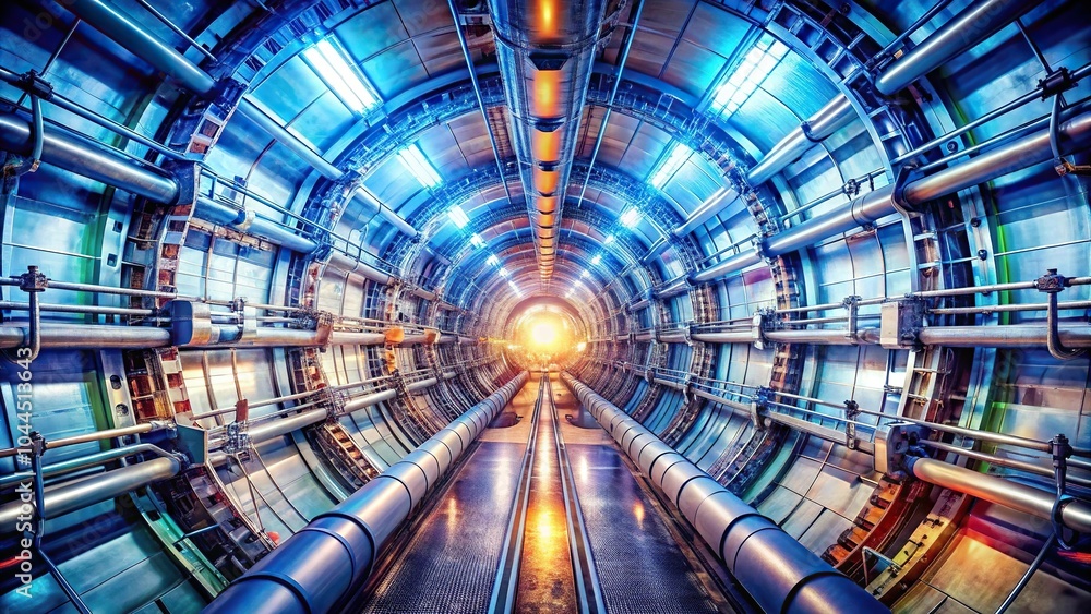 Obraz premium Scientific particle accelerator experiment with subatomic collision in wide angle view