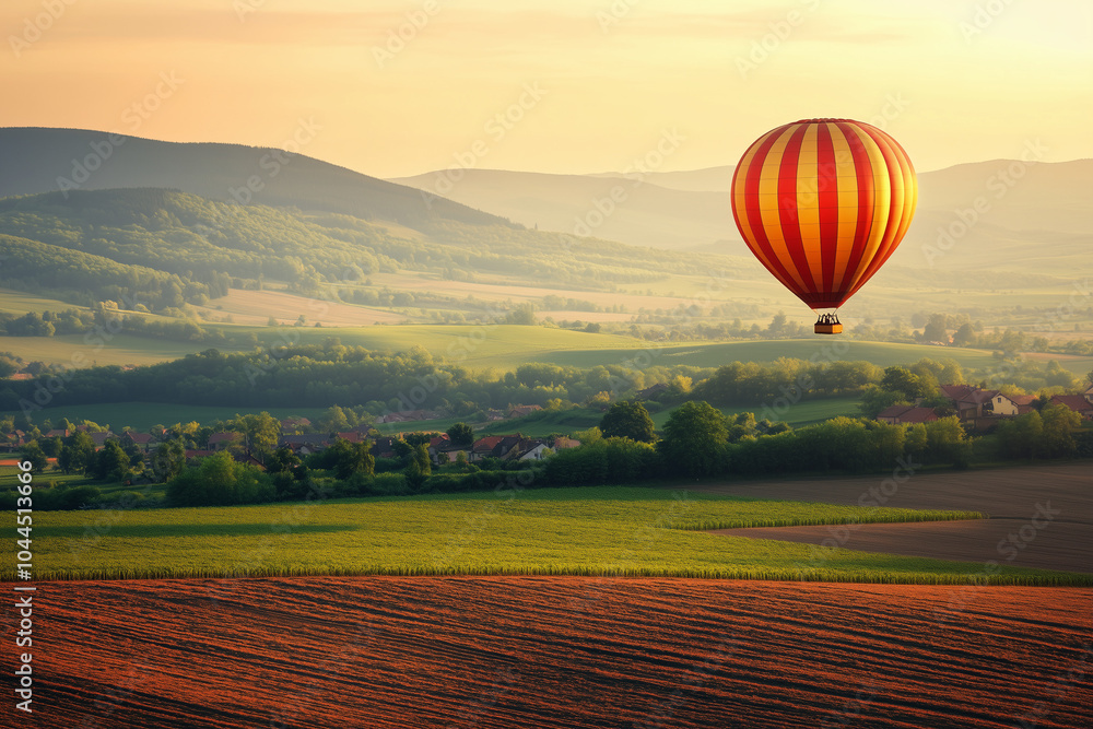 Obraz premium Hot Air Balloon Soaring Over Rolling Hills