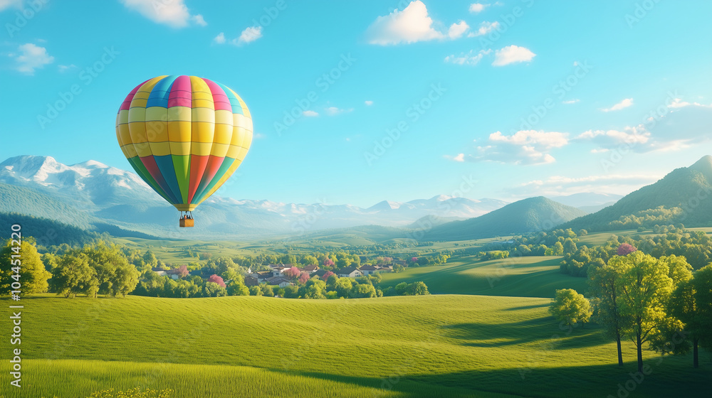 Obraz premium Hot Air Balloon Flying Over Green Fields