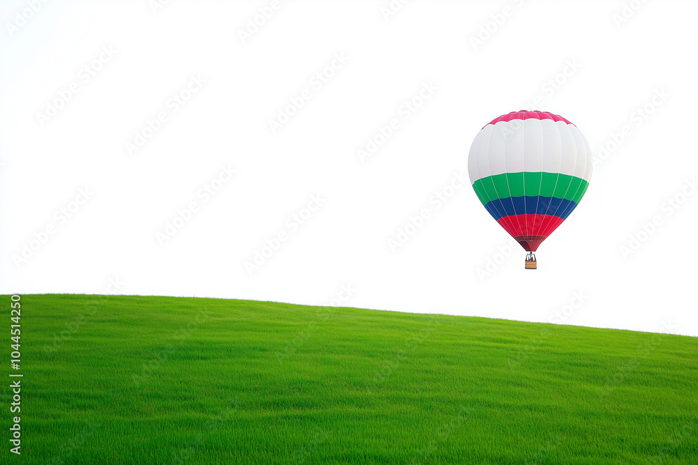 Obraz premium Hot Air Balloon Flying Over Green Meadow