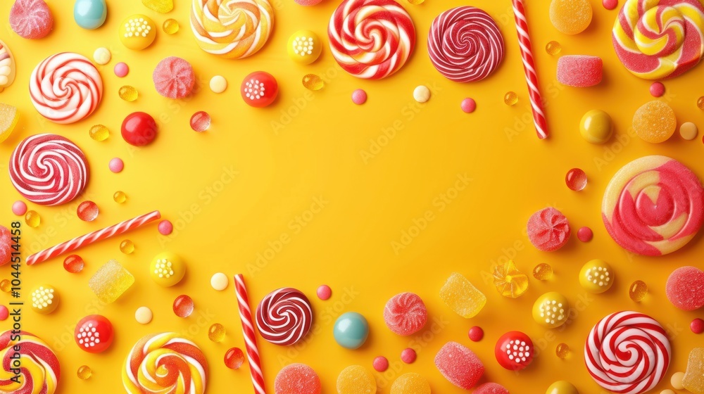 Colorful Candy Collection on Bright Yellow Background Colorful Candy Collection on Bright Yellow Background
