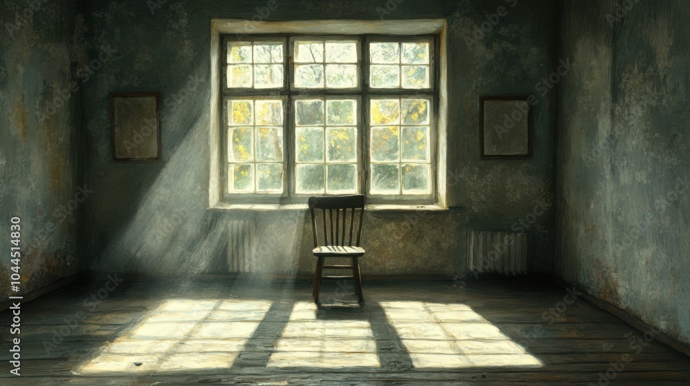 Empty Dimly Lit Room with Single Chair. sad sad images. Empty Dimly Lit Room with Single Chair. sad sad images.