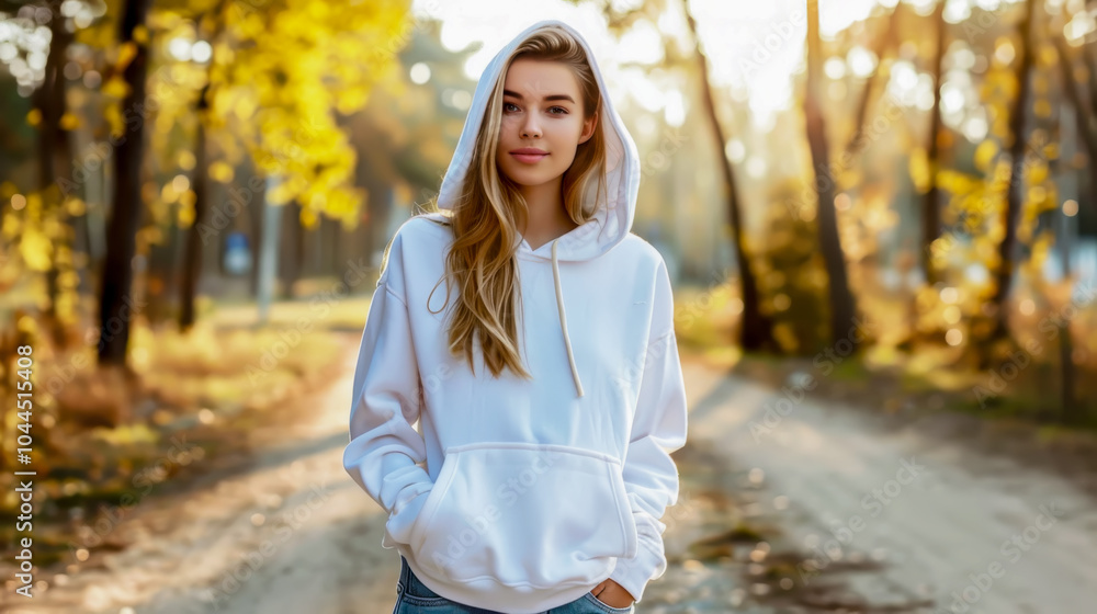 A woman in a white hoodie on a sunlit forest path, surrounded by autumn foliage A woman in a white hoodie on a sunlit forest path, surrounded by autumn foliage