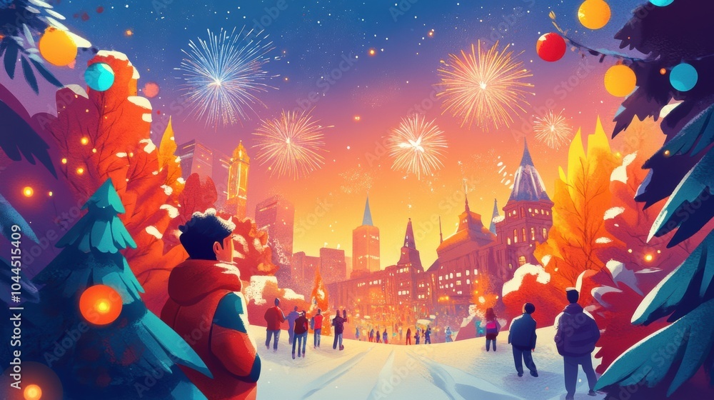 Festive New Year Celebration with Fireworks and People Festive New Year Celebration with Fireworks and People
