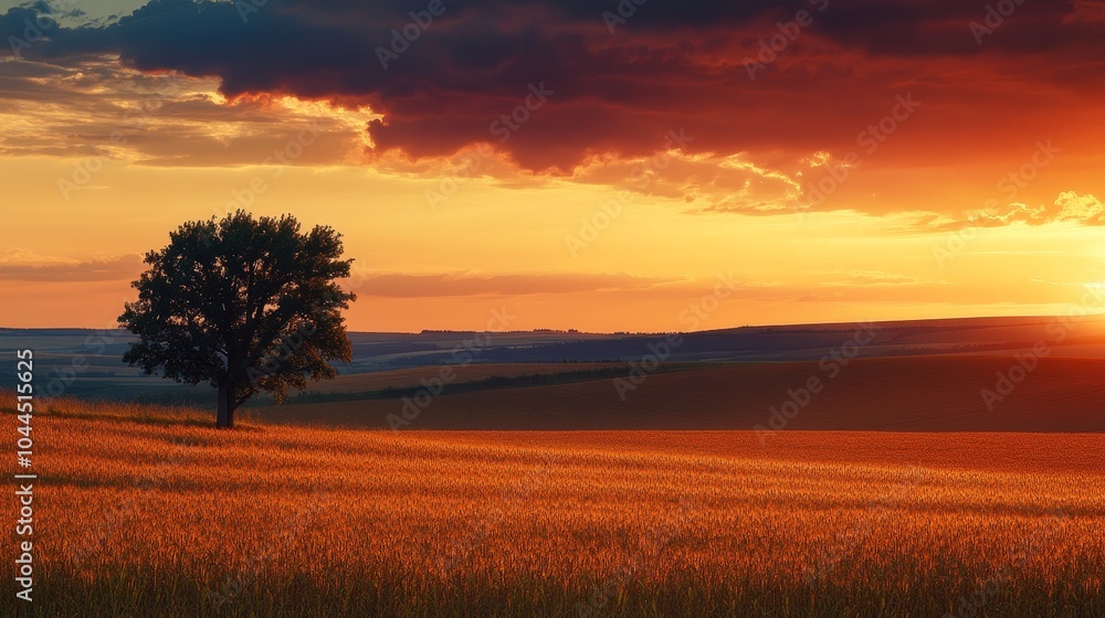 Fototapeta premium A serene sunset over a golden field with a solitary tree, capturing nature's beauty and tranquility.