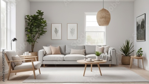 Minimalist Scandinavian living room bathed in natural light, showcasing clean lines and simple elegance.