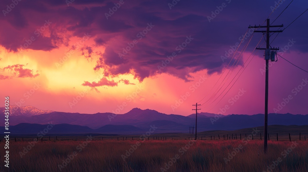 A vibrant sunset over a rural landscape with telephone poles and distant mountains under dramatic skies. A vibrant sunset over a rural landscape with telephone poles and distant mountains under dramatic skies.
