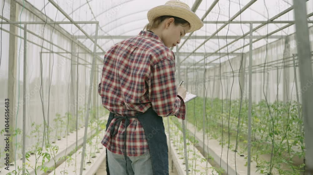 Back view of an Asian female agricultural farmer in an apron and straw hat holding a clipboard walking and checking the development and growth of tomato seedlings in the greenhouse at an organic farm. Back view of an Asian female agricultural farmer in an apron and straw hat holding a clipboard walking and checking the development and growth of tomato seedlings in the greenhouse at an organic farm.