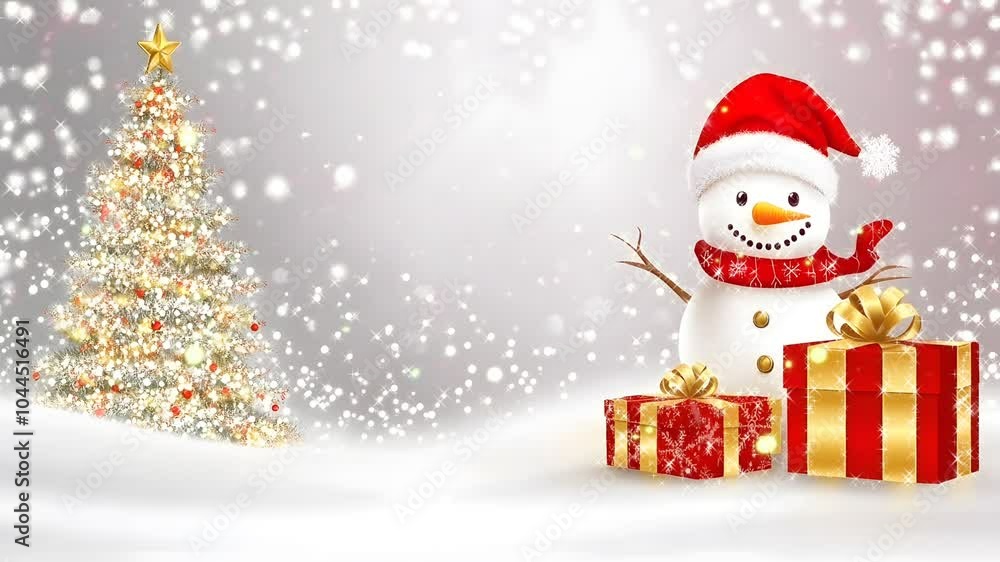 A snowman with a red hat and scarf stands with two presents in front of a snow covered Christmas tree against a white background with falling snow. A snowman with a red hat and scarf stands with two presents in front of a snow covered Christmas tree against a white background with falling snow.