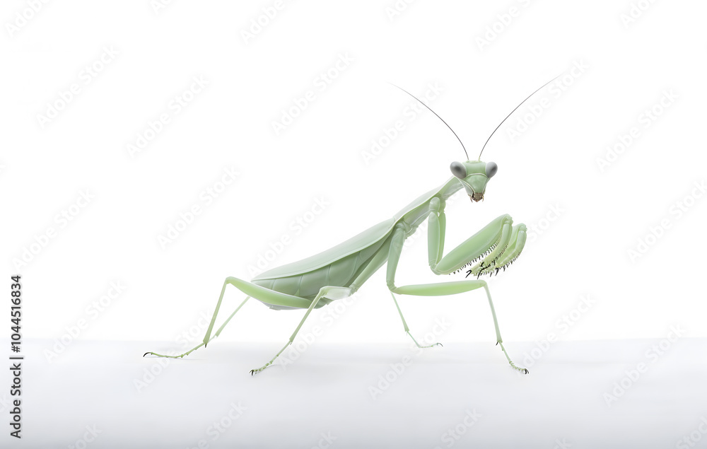 Praying mantis isolated on a white background, showcasing its green color and intricate features in a close-up view Praying mantis isolated on a white background, showcasing its green color and intricate features in a close-up view
