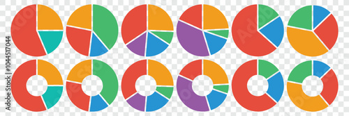 Set of pie chart graph design. Wheel round diagram part symbol. Geometric element. Percentage pie char.  Flat process cycle. Progress sectors. Vector illustrator.