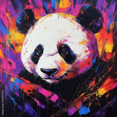 Abstract Expressionism giant panda, bold strokes, vibrant colors.