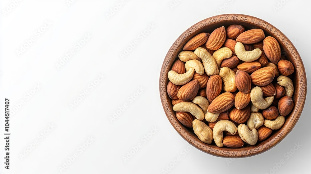 A wooden bowl filled with a variety of nuts, showcasing healthy snack options. A wooden bowl filled with a variety of nuts, showcasing healthy snack options.