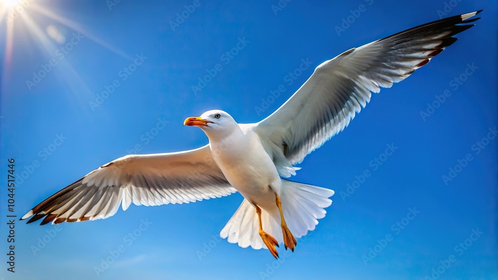 Obraz premium Seagull flying with open wings on clear sky during summer
