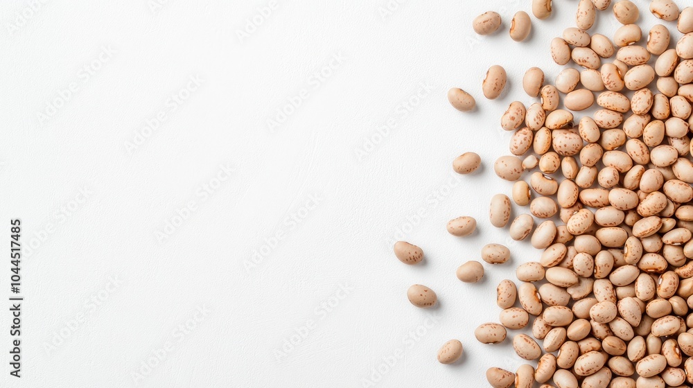 A close-up of scattered light-colored beans on a white background. A close-up of scattered light-colored beans on a white background.