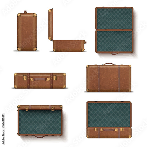 Retro suitcase brown accessory for personal things carrying open and closed realistic vector