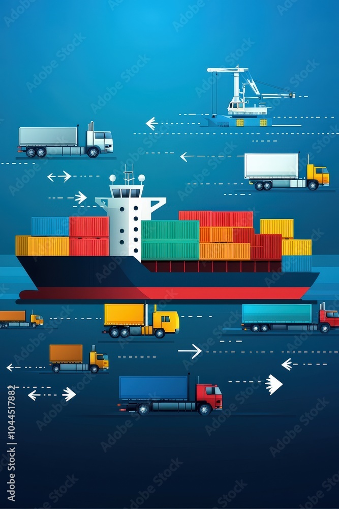 Obraz premium Cargo ship and truck icons with supply chain arrows, symbolizing multimodal transport