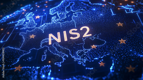 A map of Europe with stars arranged in a circle around the letters "NIS2". The design has a technological feel.