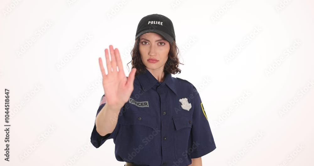 Serious woman police officer raises hand showing stop gesture on white background. Female tries to maintain order and ensure safety slow motion Serious woman police officer raises hand showing stop gesture on white background. Female tries to maintain order and ensure safety slow motion