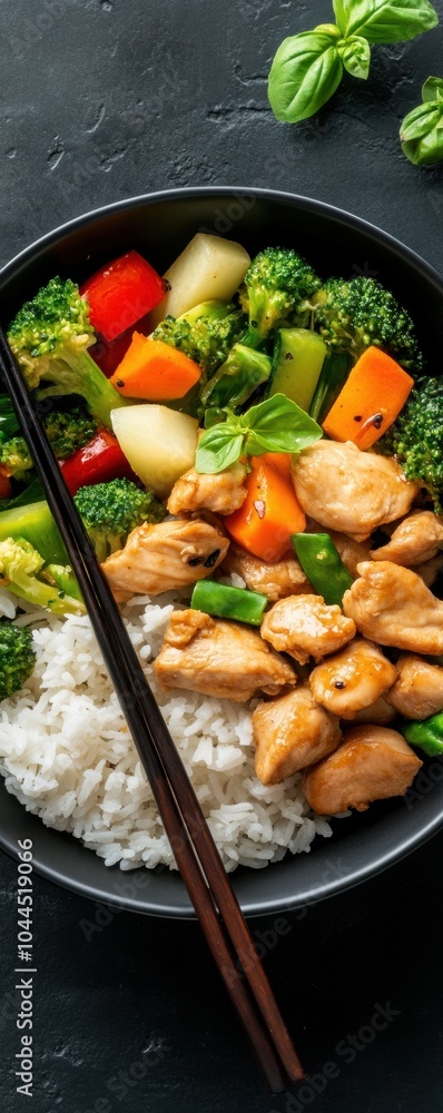 Vibrant Stir-Fried Chicken with Vegetables and Rice in Dynamic Presentation Vibrant Stir-Fried Chicken with Vegetables and Rice in Dynamic Presentation