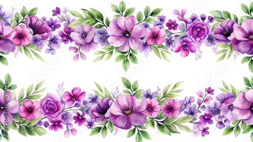 Fototapeta Naklejka Na Ścianę i Meble -  Seamless border of purple watercolor flowers on white background