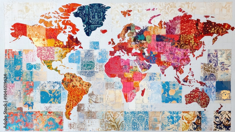 Naklejka premium A colorful world map composed of intricate patterns and designs.