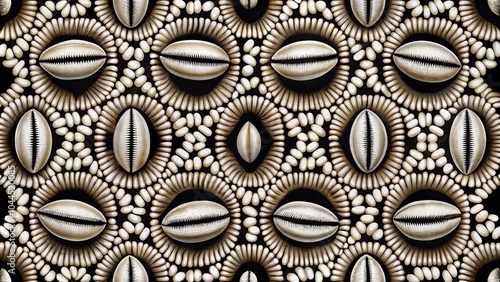 Seamless cowrie shell pattern on black background