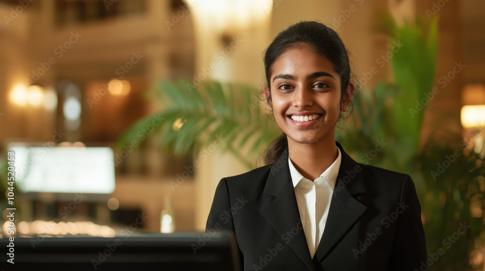 Image of a smiling india woman working at a hotel reception or in the hospitality industry, wearing suit looking at the camera from the front, with copy space Image of a smiling india woman working at a hotel reception or in the hospitality industry, wearing suit looking at the camera from the front, with copy space