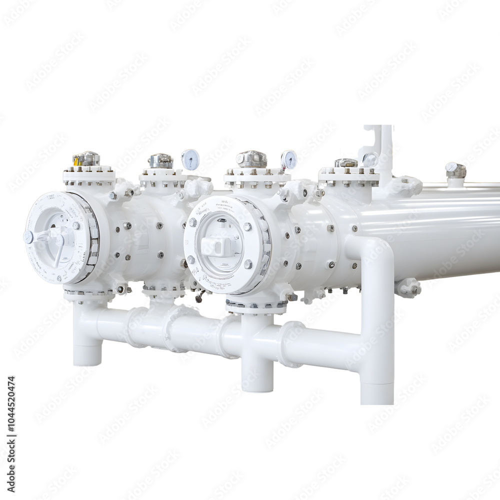 A close-up of industrial white valves and pipes, showcasing precision engineering and robust design for fluid control systems.