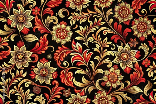 seamless floral pattern in red and gold on black background