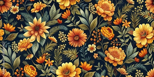 Wallpaper Mural Seamless floral pattern with orange and yellow flowers on a dark background with depth of field Torontodigital.ca